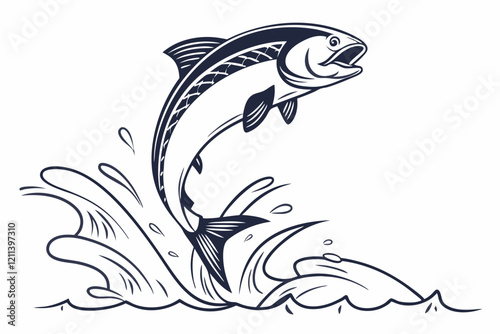 A dynamic and minimalist vector silhouette of a jumping fish, captured in mid-air against a clean white background. The illustration emphasizes the fluid motion of the fish, showcasing its graceful