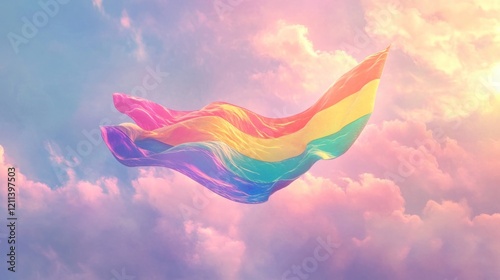 An artistic depiction of the rainbow-striped LGBTQ flag floating serenely in the wind, with soft clouds in the background. photo