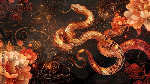 Vibrant Year of the Snake 2025 design with traditional motifs and festive colors