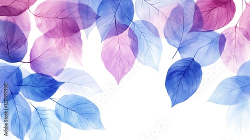 Beautiful floral pattern with purple and blue leaves, a watercolor painting on a white background, 
