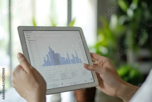 Business partnership coworkers using a tablet to chart company financial statements report and profits work progress and planning in office room., Generative AI