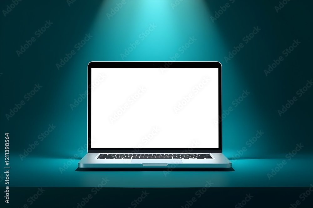 Close up of modern laptop with white illuminated monitor with copyspace for your logo or text on abstract dark background. 3D rendering, mockup Close up of modern laptop with white illuminated monitor with copyspace for your logo or text on abstract dark background. 3D rendering, mockup