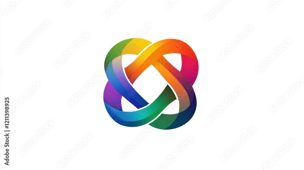 An LGBTQ logo featuring interlocking rainbow-colored shapes in a modern, minimalist style on a plain white background. An LGBTQ logo featuring interlocking rainbow-colored shapes in a modern, minimalist style on a plain white background.