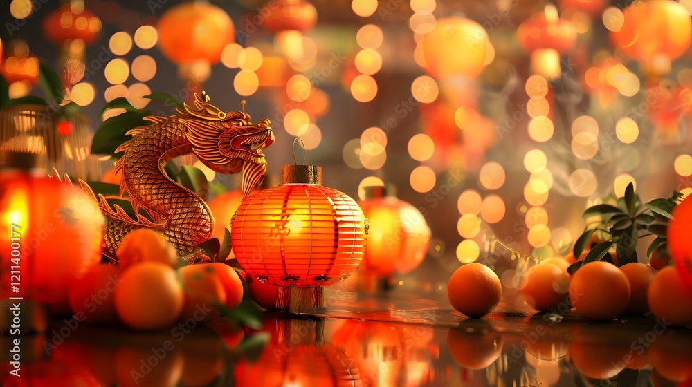 Obraz premium A lively Chinese New Year scene with illuminated lanterns and colorful festive decorations