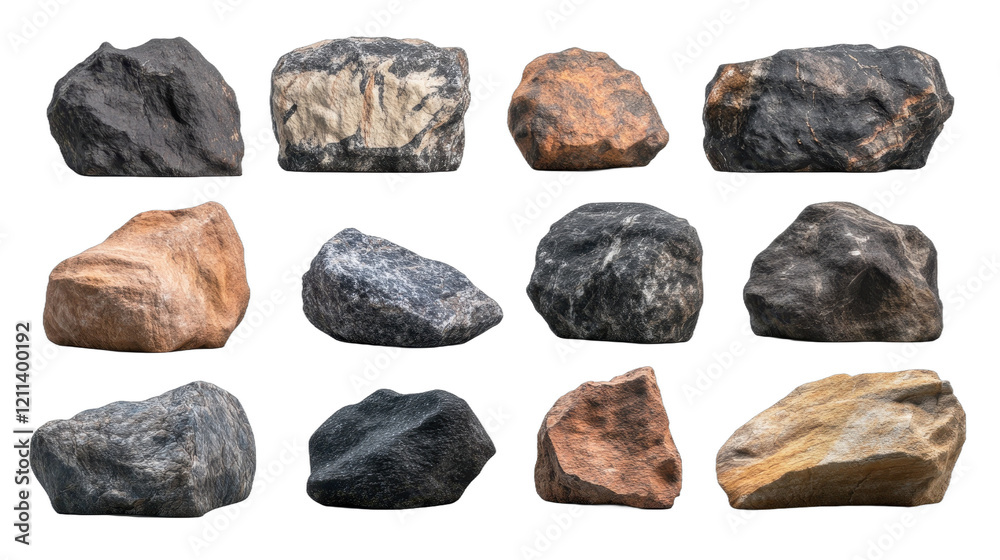 A collection of various textured rocks in different shapes and colors. transparent background