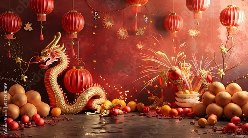 Festive Chinese New Year celebration with radiant lanterns and traditional decorations  .