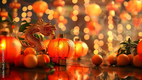 A lively Chinese New Year scene with illuminated lanterns and colorful festive decorations