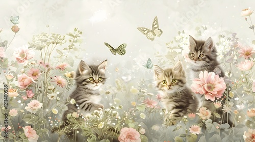 Whimsical and vibrant cat wallpaper with playful kittens in an imaginative, colorful environment