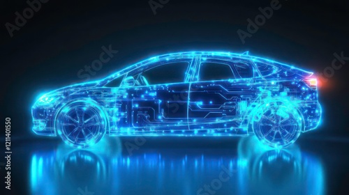 Futuristic electric car concept, glowing blue lines, digital design, side view. photo