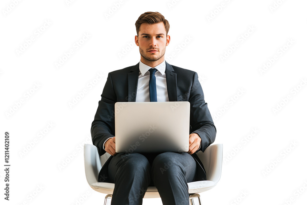 Businessman sitting on a chair with a laptop isolated on white or transparent, PNG Businessman sitting on a chair with a laptop isolated on white or transparent, PNG