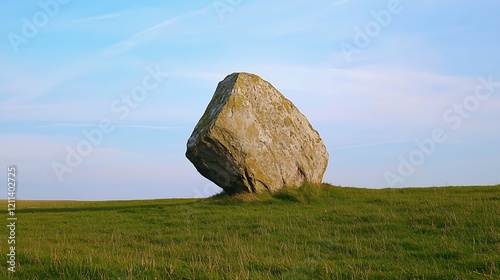 A large rock is sitting on a grassy hill photo