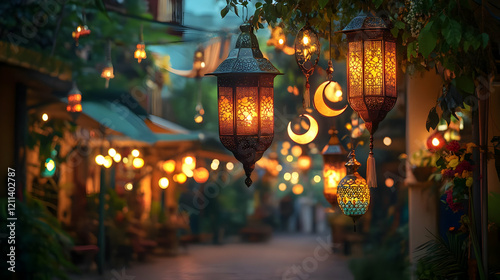 Illustration - Night Market Lanterns, Lights, and Crescent Moon Decorations photo