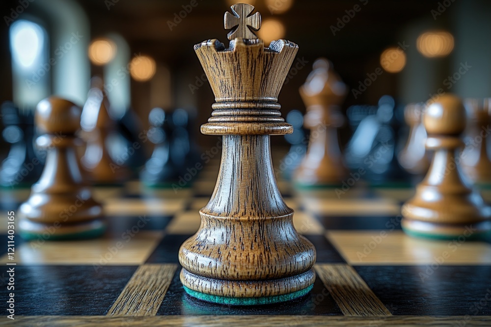 Fototapeta premium Wooden chess queen on board, game in progress.