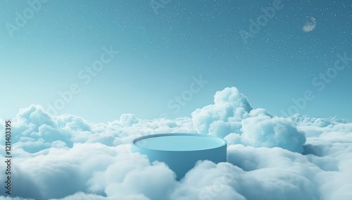 3d blue podium on white cloud background with copy space, sky and stars. Abstract panoramic view of round pedestal in the clouds for product presentation template