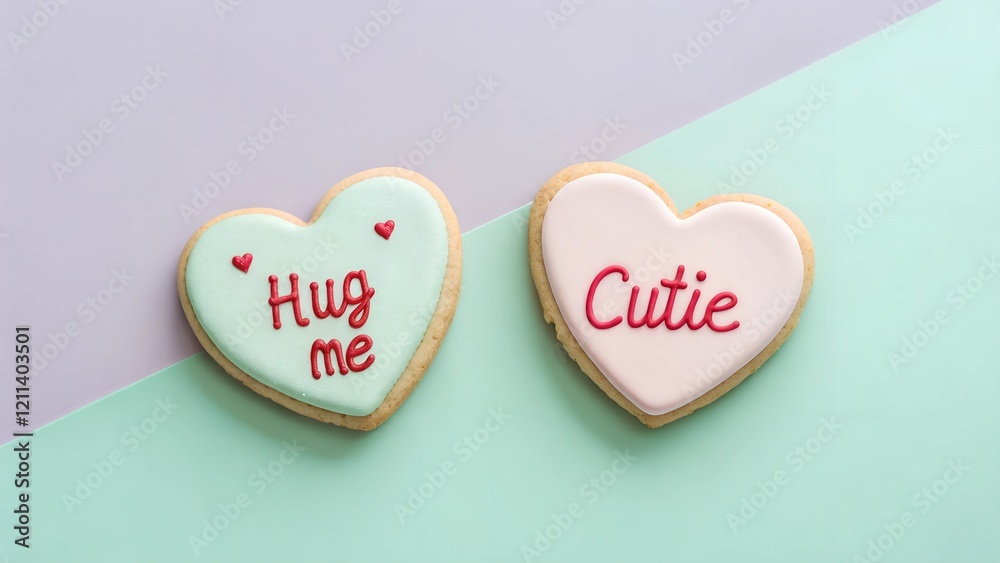 Create a charming and minimalistic flat-lay image featuring two heart-shaped cookies with pastel-colored icing. Create a charming and minimalistic flat-lay image featuring two heart-shaped cookies with pastel-colored icing.