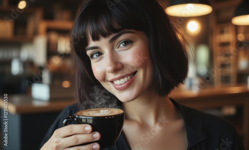 Smiling woman enjoying coffee in a café