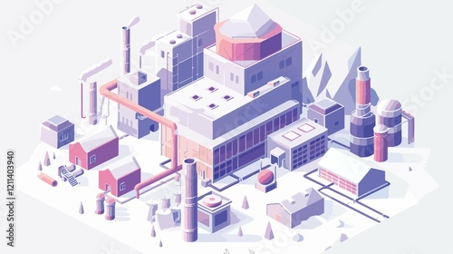 Isometric Industrial Plant Vector Illustration with Modern Factory Buildings, Urban Landscape, and Technology Elements