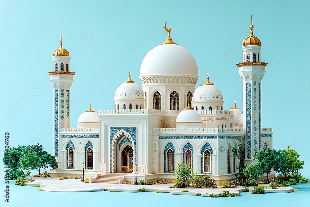 Fototapeta premium 3d modern Islamic banner, suitable for Ramadan, Eid al Fitr, and Eid al Adha with mosque, lantern, crescent moon,