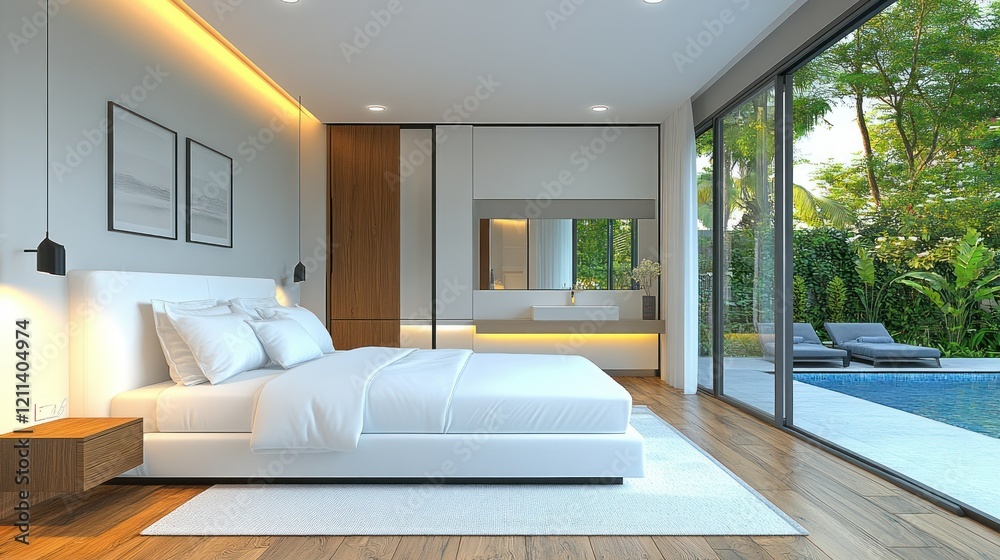 Fototapeta premium Modern Luxury Bedroom with Pool View