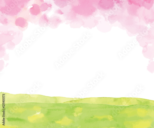 水彩による桜と緑の背景フレーム