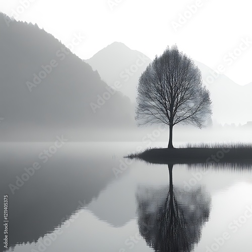 Landscape photograph of a tranquil lake at dawn, capturing the serenity and stillness of nature in a monochromatic palette  photo