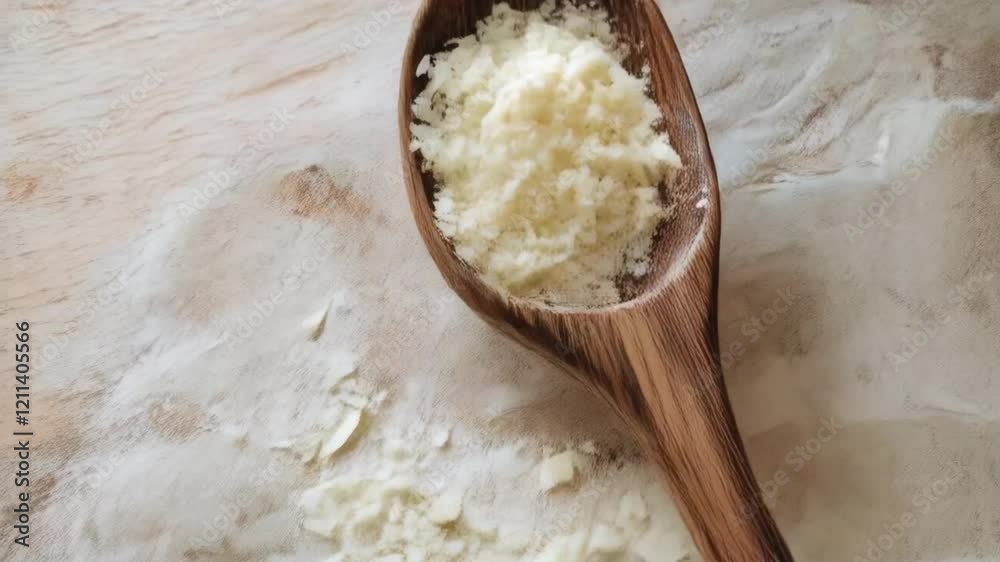 Wooden spoon collecting grated cheese on kitchen counter Wooden spoon collecting grated cheese on kitchen counter
