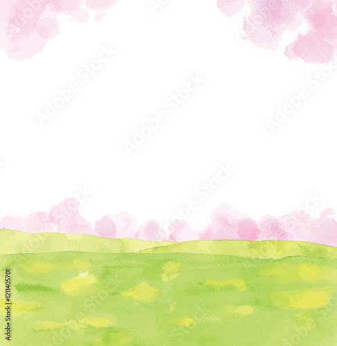 水彩による桜と緑の背景フレーム
