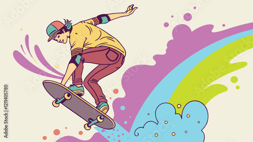 A Skater Jumps High On A Skateboard with a splash background 