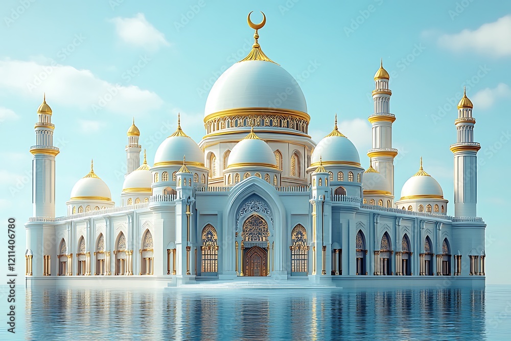 Fototapeta premium 3d modern Islamic banner, suitable for Ramadan, Eid al Fitr, and Eid al Adha with mosque, lantern, crescent moon,