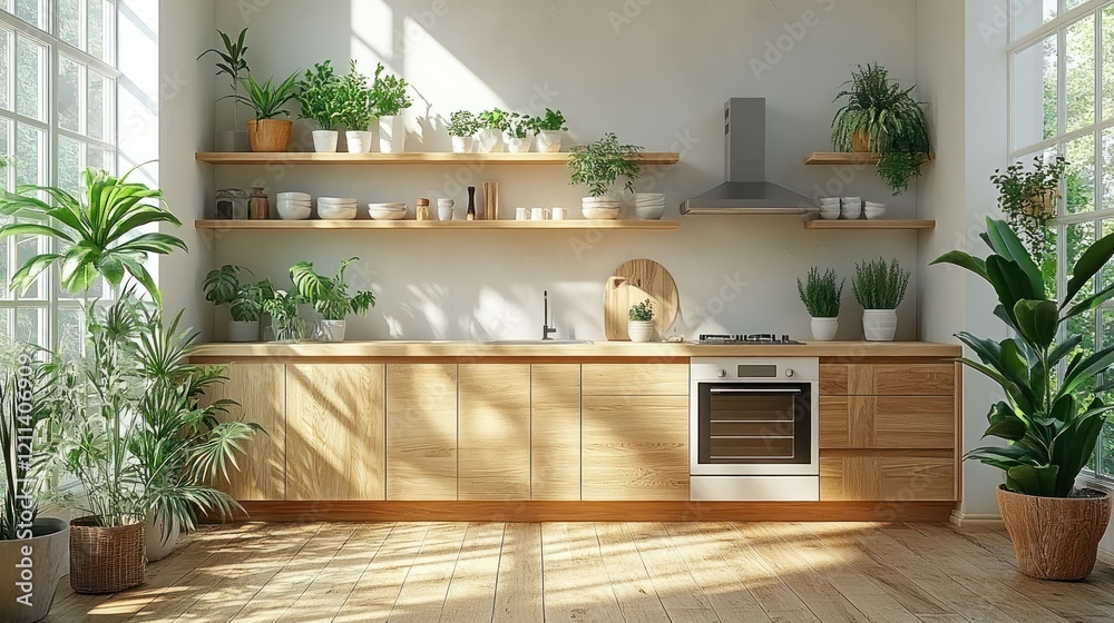 Fototapeta premium Sunlit Kitchen with Abundant Greenery and Modern Design
