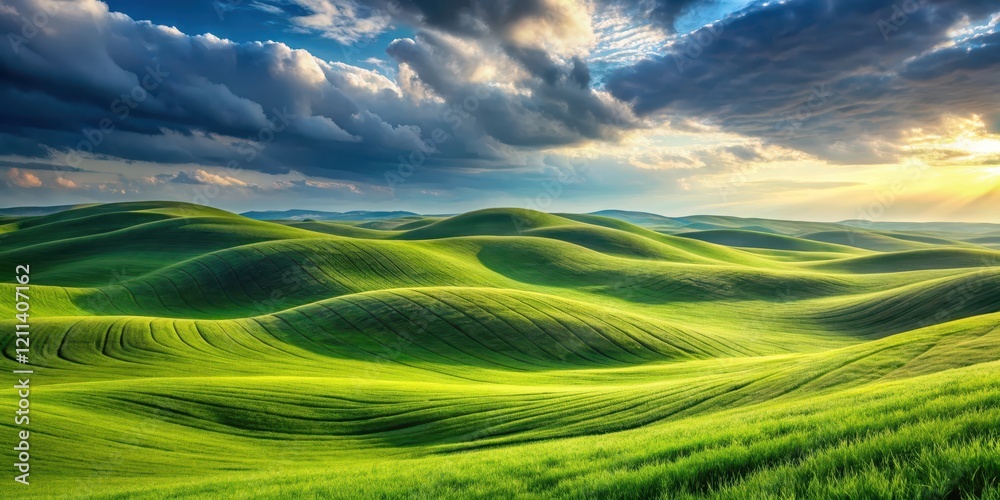 Serene Sunset Over Rolling Green Hills, A Picturesque Landscape of Undulating Fields Under a Dramatic Sky Serene Sunset Over Rolling Green Hills, A Picturesque Landscape of Undulating Fields Under a Dramatic Sky