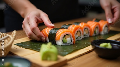 Close-Up of Sushi Roll Preparation with Fresh Salmon, Avocado, and Bamboo Mat photo