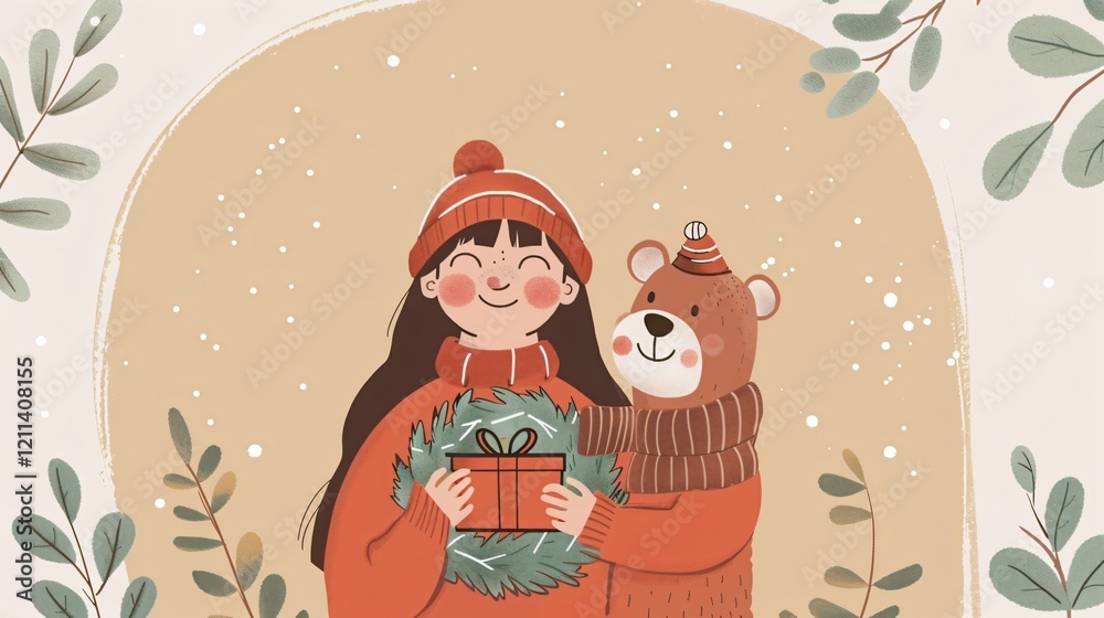 Naklejka premium Festive Merry Christmas Cute Girl and Bear with Gift and Wreath Image