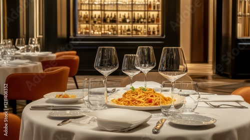 Elegant restaurant table setting with pasta dish, wine glasses, and upscale interior.