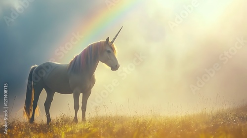 A unicorn stands in a field of grass with a rainbow in the background