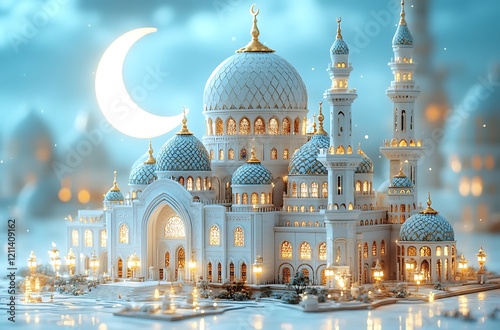 3d modern Islamic banner, suitable for Ramadan, Eid al Fitr, and Eid al Adha with mosque, lantern, crescent moon, photo