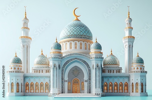 3d modern Islamic banner, suitable for Ramadan, Eid al Fitr, and Eid al Adha with mosque, lantern, crescent moon, photo