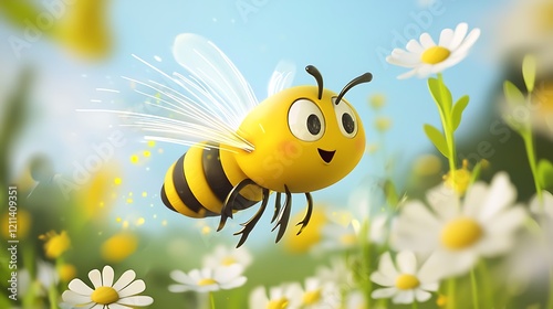 A cartoon bee is flying over a field of yellow flowers