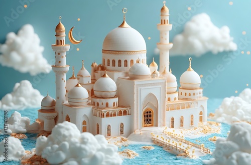 3d modern Islamic banner, suitable for Ramadan, Eid al Fitr, and Eid al Adha with mosque, lantern, crescent moon, photo