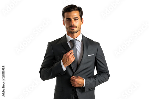 Businessman adjusting his tie isolated on white or transparent, PNG