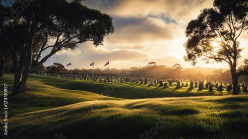 Australian War Cemetery at Sunset with Flags and Headstones at Golden Hour photo