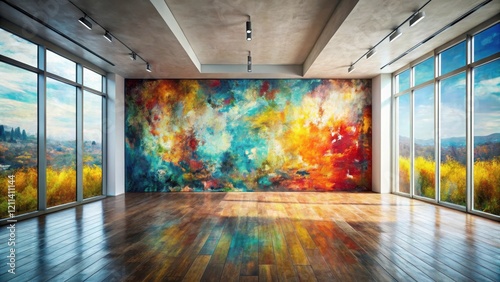 Spacious room with vibrant abstract wall art and large windows showcasing an autumnal landscape