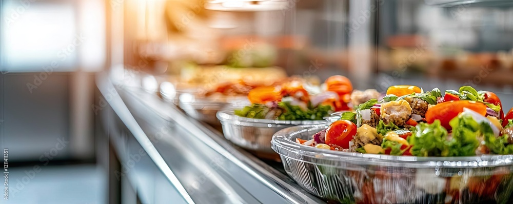Food automation concept. Fresh and colorful salad bowls arranged in a modern display case for healthy eating.