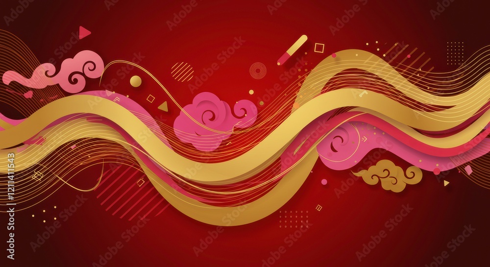 Golden Waves of Celebration: Abstract art featuring elegant golden and pink waves, adorned with traditional cloud patterns on a rich red background, evoking a sense of celebration and festivity. Golden Waves of Celebration: Abstract art featuring elegant golden and pink waves, adorned with traditional cloud patterns on a rich red background, evoking a sense of celebration and festivity.