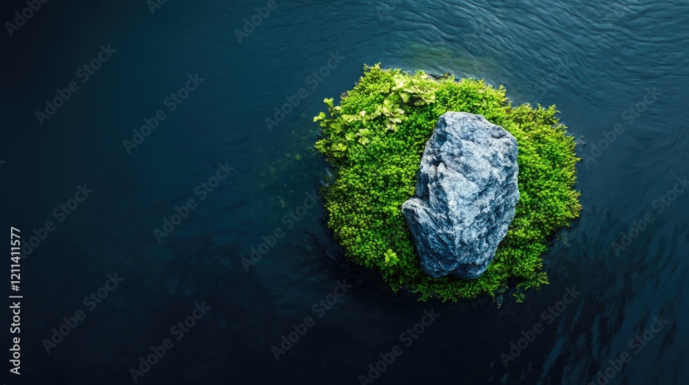 Fototapeta premium Top view of a nano aquarium showcasing a simple layout with a single rock and vibrant aquatic moss.