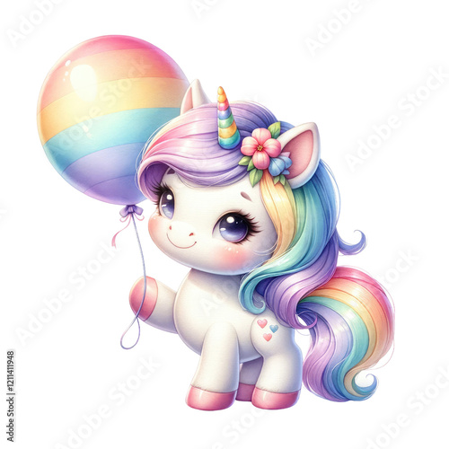 A cute, colorful unicorn holding a rainbow balloon, featuring a whimsical design with a flowing mane and playful expression.