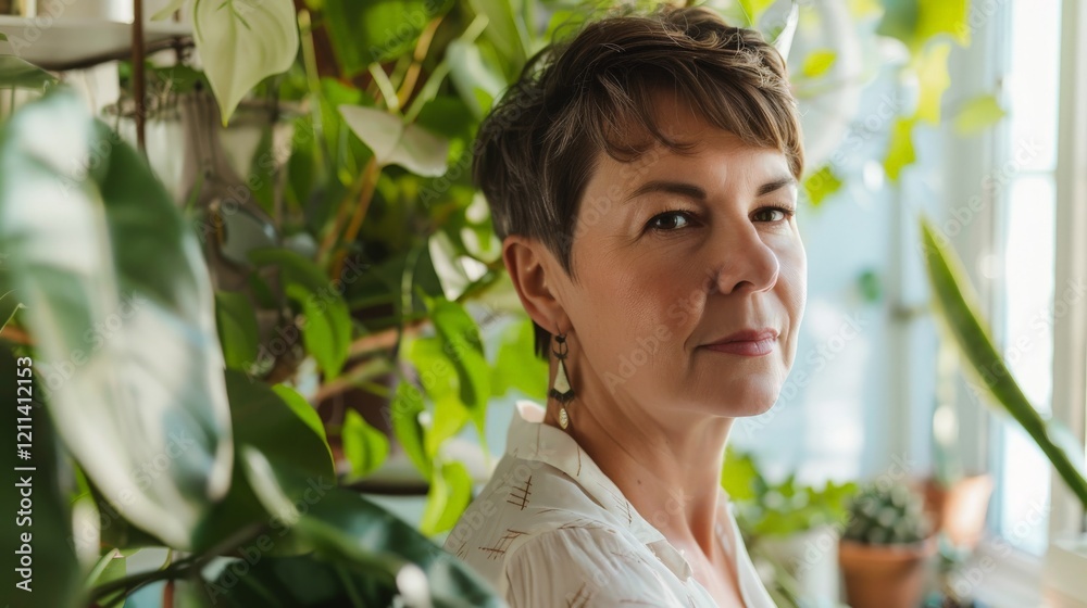 Mature caucasian female surrounded by lush indoor plants in sunlit room Mature caucasian female surrounded by lush indoor plants in sunlit room