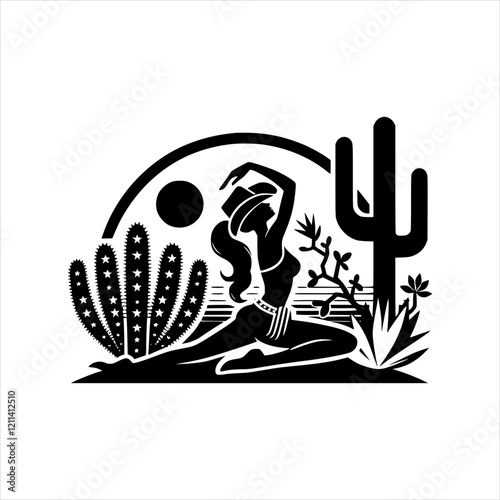 Silhouette of woman doing yoga pose in the desert with cacti and sun