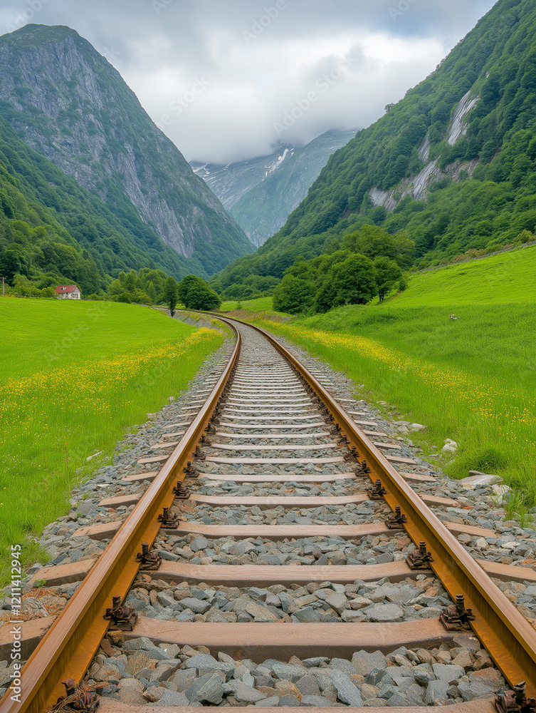 Fototapeta premium Mountain Railway Journey: A scenic railway track winds through a picturesque valley, nestled between majestic mountains. Lush green meadows and towering peaks create a breathtaking landscape.