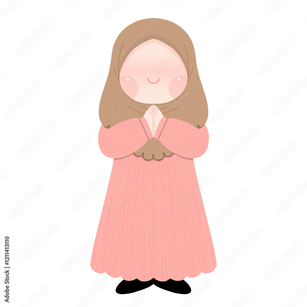 A traditional illustration depicting a Muslim girl participating in the custom of saling memaafkan during Eid al-Fitri. The handshake symbolizes the importance of forgiveness and reconciliation in Isl A traditional illustration depicting a Muslim girl participating in the custom of saling memaafkan during Eid al-Fitri. The handshake symbolizes the importance of forgiveness and reconciliation in Isl
